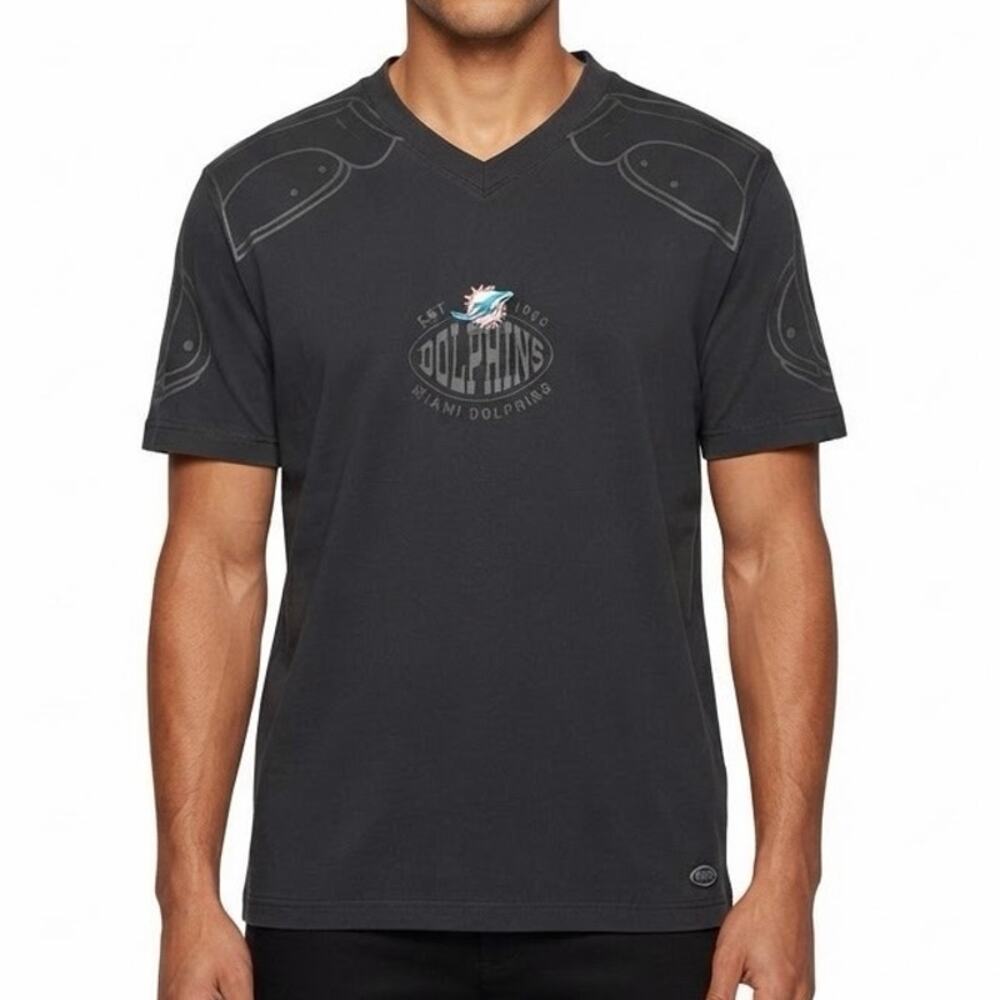 BOSS x NFL Miami Dolphins Tackle Graphic V-Neck Tee Black Size XXL